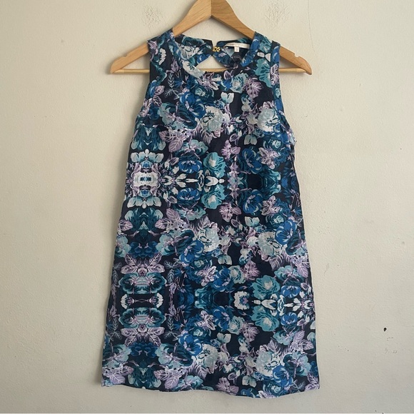 Maje Linen Silk Blend Blue Black Floral Mini Dress Open Back Size 2 Lightweight - Picture 2 of 8